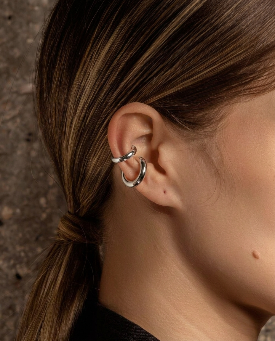 SET DE DOS SMALL MOON EAR CUFFS SILVER